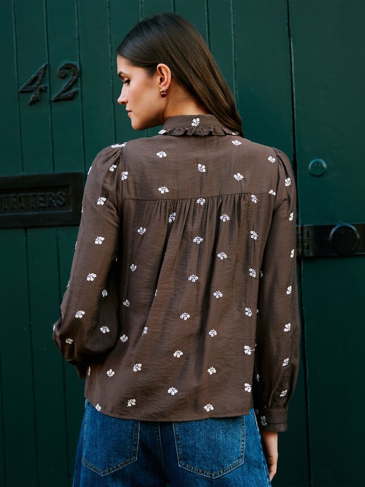 Yumi Brown Viscose Daisy Embroidered Shirt - Image 5 of 5