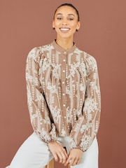 Yumi Brown Embroidered Floral Relaxed Shirt - Image 1 of 5