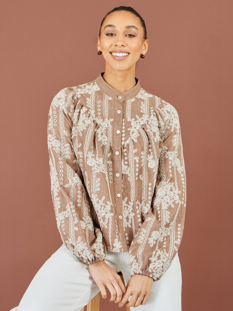 Yumi Brown Embroidered Floral Relaxed Shirt - Image 1 of 5 Yumi Brown Embroidered Floral Relaxed Shirt - Image 1 of 5