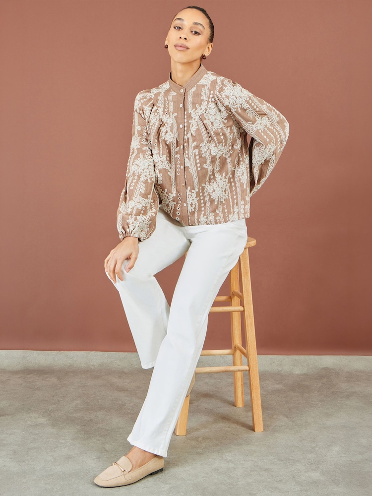 Yumi Brown Embroidered Floral Relaxed Shirt - Image 2 of 5 Yumi Brown Embroidered Floral Relaxed Shirt - Image 2 of 5