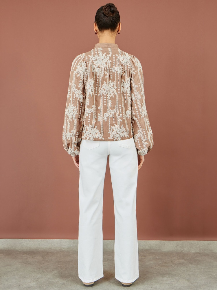 Yumi Brown Embroidered Floral Relaxed Shirt - Image 5 of 5 Yumi Brown Embroidered Floral Relaxed Shirt - Image 5 of 5
