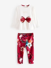Baker by Ted Baker Red 100% Cotton Bow Peplum Top and Floral Leggings Set - Image 1 of 8