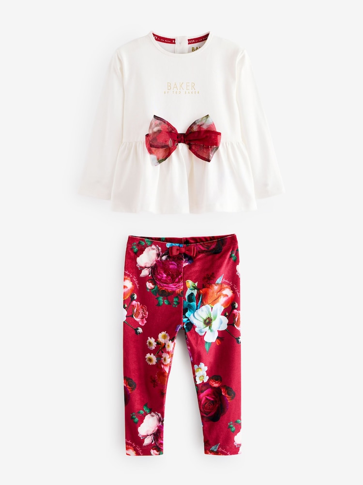 Baker by Ted Baker Red 100% Cotton Bow Peplum Top and Floral Leggings Set - Image 1 of 8