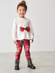 Baker by Ted Baker Red 100% Cotton Bow Peplum Top and Floral Leggings Set - Image 2 of 8