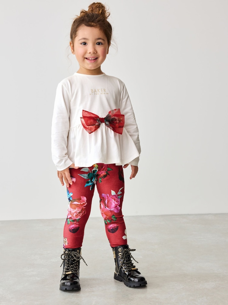 Baker by Ted Baker Red 100% Cotton Bow Peplum Top and Floral Leggings Set - Image 2 of 8