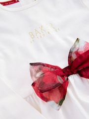 Baker by Ted Baker Red 100% Cotton Bow Peplum Top and Floral Leggings Set - Image 7 of 8
