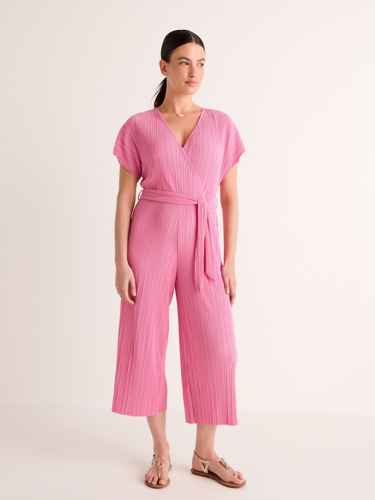 Pink Plisse Short Sleeve V-Neck Culotte Belted Jumpsuit - Image 1 of 6