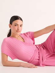 Pink Plisse Short Sleeve V-Neck Culotte Belted Jumpsuit - Image 2 of 6