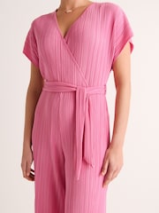 Pink Plisse Short Sleeve V-Neck Culotte Belted Jumpsuit - Image 3 of 6