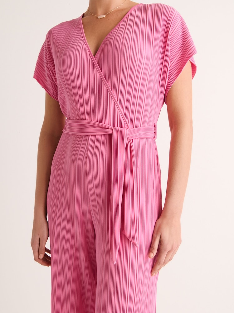 Pink Plisse Short Sleeve V-Neck Culotte Belted Jumpsuit - Image 3 of 6