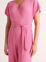 Pink Plisse Short Sleeve V-Neck Culotte Belted Jumpsuit - Image 4 of 6
