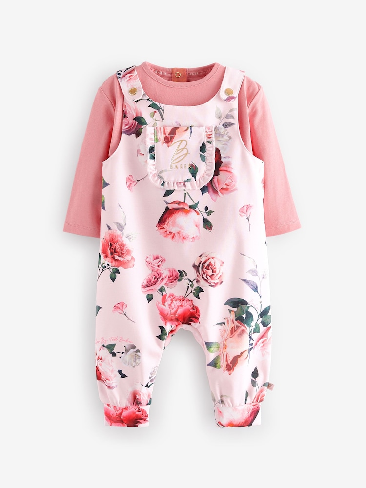Baker by Ted Baker 2 Piece Pink Floral T-Shirt and Dungaree Set - Image 1 of 5