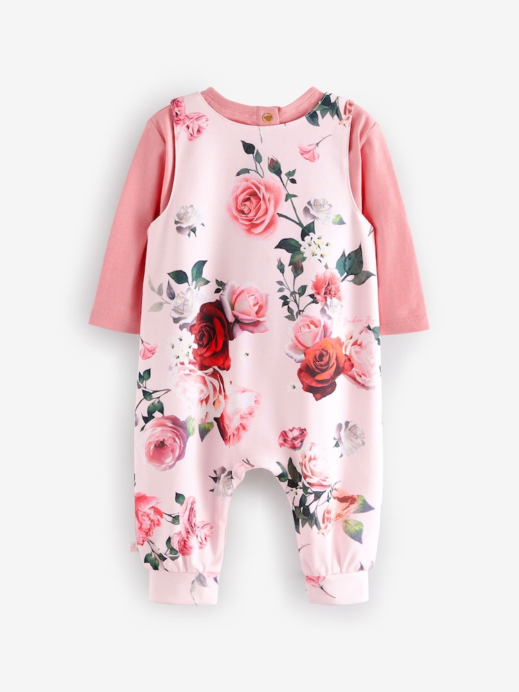 Baker by Ted Baker 2 Piece Pink Floral T-Shirt and Dungaree Set - Image 2 of 5