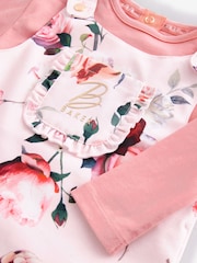 Baker by Ted Baker 2 Piece Pink Floral T-Shirt and Dungaree Set - Image 3 of 5