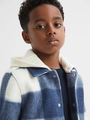 Reiss Blue Scott Junior Brushed Removable Hood Check Jacket - Image 1 of 8