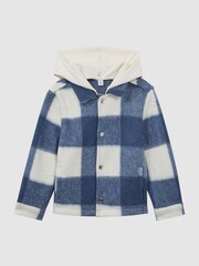 Reiss Blue Scott Junior Brushed Removable Hood Check Jacket - Image 2 of 8