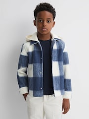 Reiss Blue Scott Junior Brushed Removable Hood Check Jacket - Image 4 of 8
