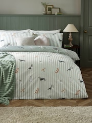 Catherine Lansfield Green Dog Stripe Reversible Duvet Cover and Pillowcase Set - Image 1 of 5