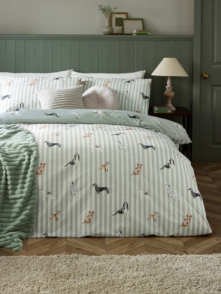 Catherine Lansfield Green Dog Stripe Reversible Duvet Cover and Pillowcase Set - Image 1 of 5