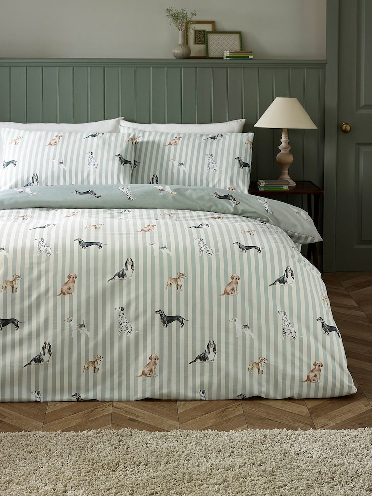 Catherine Lansfield Green Dog Stripe Reversible Duvet Cover and Pillowcase Set - Image 2 of 5