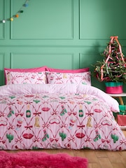 Catherine Lansfield Pink Christmas Kitsch Reversible Duvet Cover and Pillowcase Set - Image 2 of 5