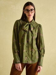 Joules Everly Khaki Green Tie Neck Blouse - Image 1 of 7