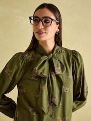 Joules Everly Khaki Green Tie Neck Blouse - Image 3 of 7