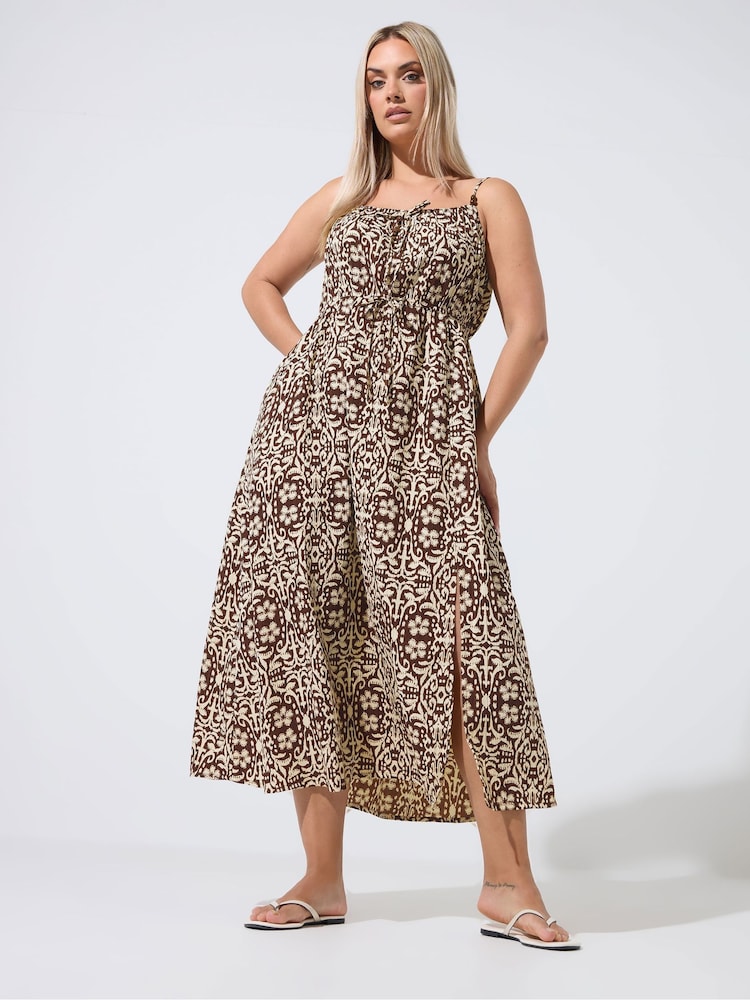Yours Curve Brown Limited Abstract Animal Tie Strap Dress - Image 1 of 6 Yours Curve Brown Limited Abstract Animal Tie Strap Dress - Image 1 of 6
