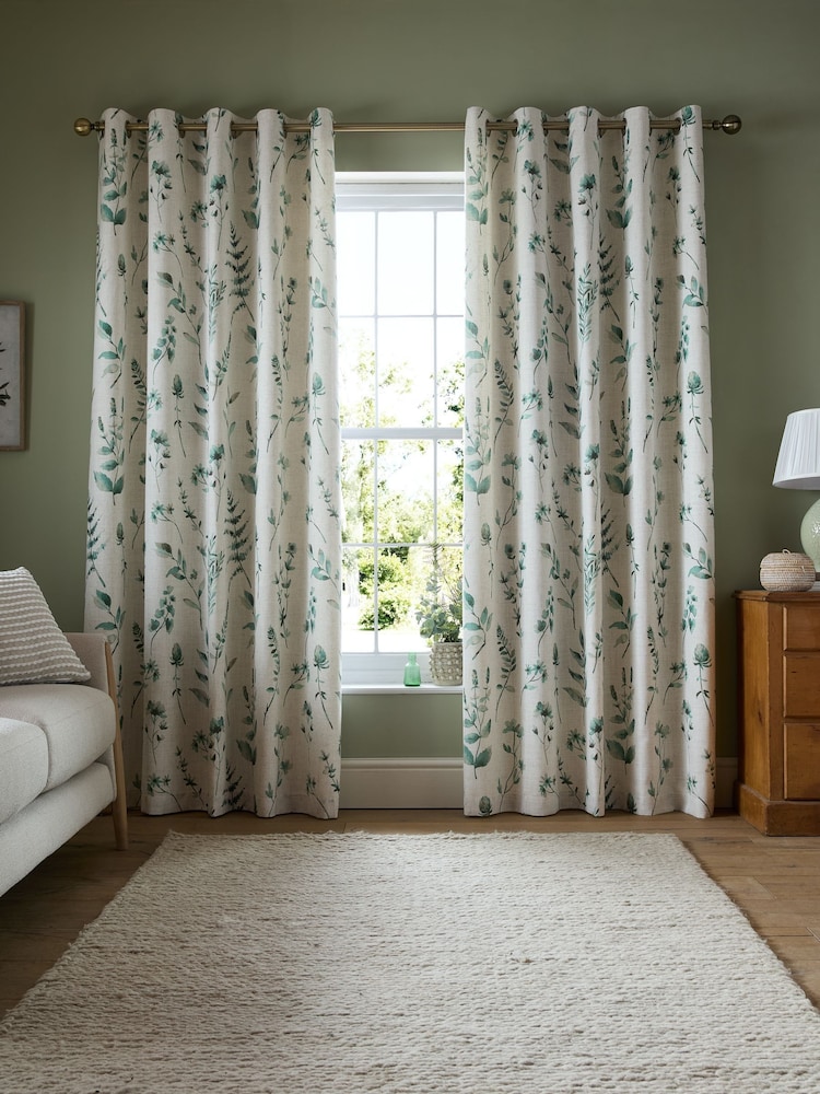 Catherine Lansfield Natural / Green Watercolour Leaves Lined Eyelet Curtains - Image 1 of 5 Catherine Lansfield Natural / Green Watercolour Leaves Lined Eyelet Curtains - Image 1 of 5