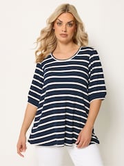 Yours Curve Blue Stripe Puff Sleeve Top - Image 1 of 5