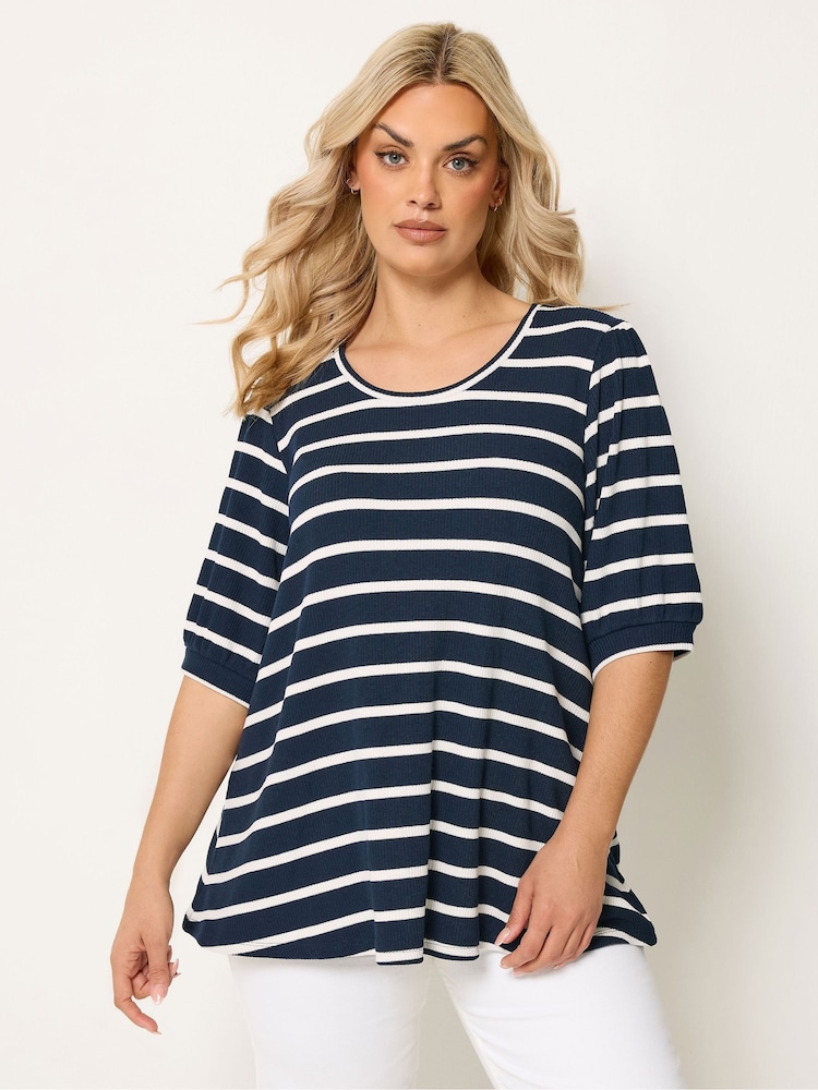 Yours Curve Blue Stripe Puff Sleeve Top - Image 1 of 5
