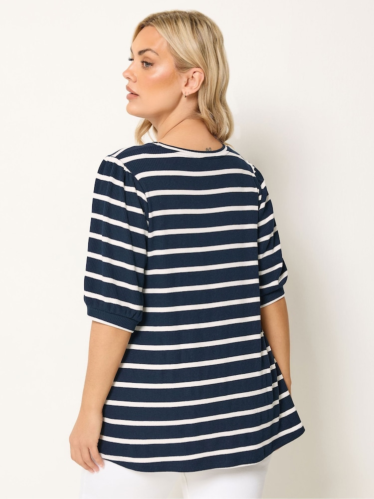 Yours Curve Blue Stripe Puff Sleeve Top - Image 2 of 5
