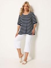 Yours Curve Blue Stripe Puff Sleeve Top - Image 3 of 5