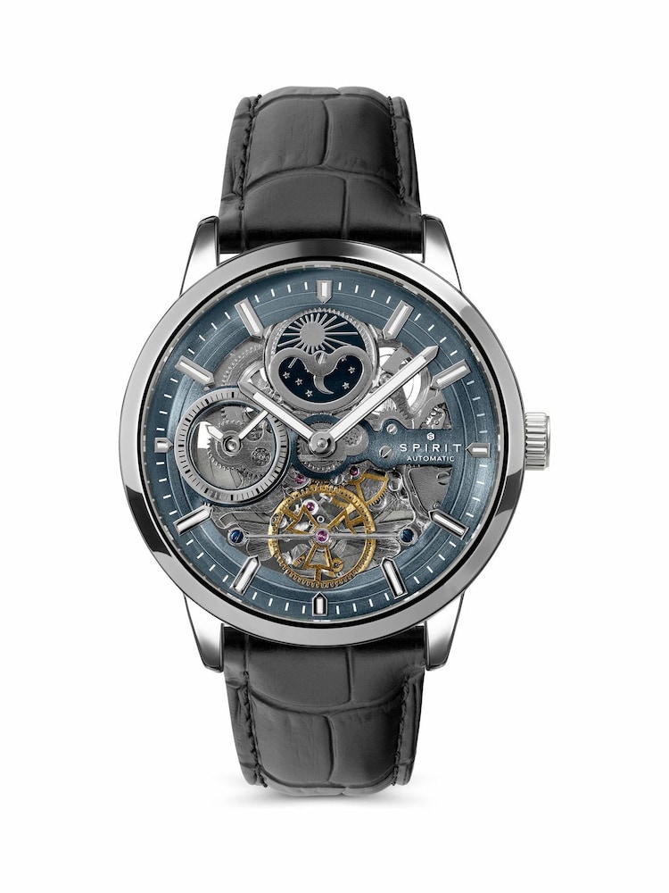 Spirit Black Gents Silver Sun Moon Automatic Leather Strap Watch - Image 1 of 5 Spirit Black Gents Silver Sun Moon Automatic Leather Strap Watch - Image 1 of 5