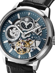 Spirit Black Gents Silver Sun Moon Automatic Leather Strap Watch - Image 2 of 5