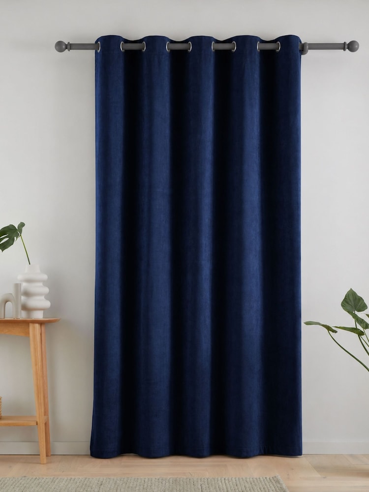 Catherine Lansfield Navy Super Thermal Blackout Matt Velour Eyelet Door Curtain Panel - Image 2 of 4 Catherine Lansfield Navy Super Thermal Blackout Matt Velour Eyelet Door Curtain Panel - Image 2 of 4