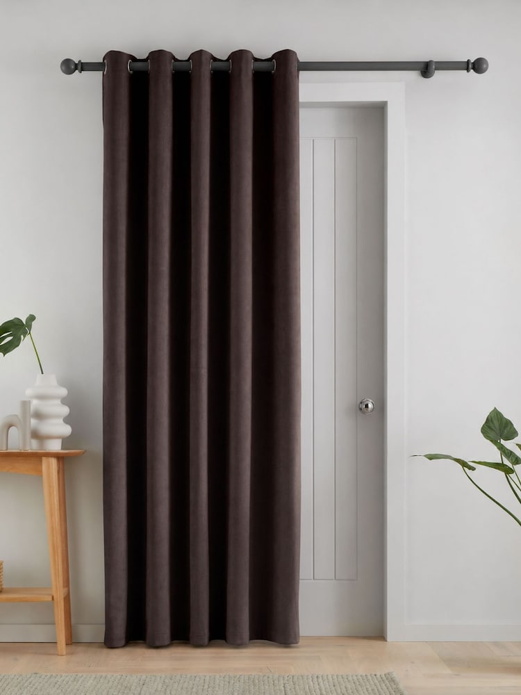 Catherine Lansfield Chocolate Super Thermal Blackout Matt Velour Eyelet Door Curtain Panel - Image 1 of 4 Catherine Lansfield Chocolate Super Thermal Blackout Matt Velour Eyelet Door Curtain Panel - Image 1 of 4