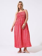 Yours Curve Red Limited Strappy Shirred Stripe Dress - Image 1 of 5