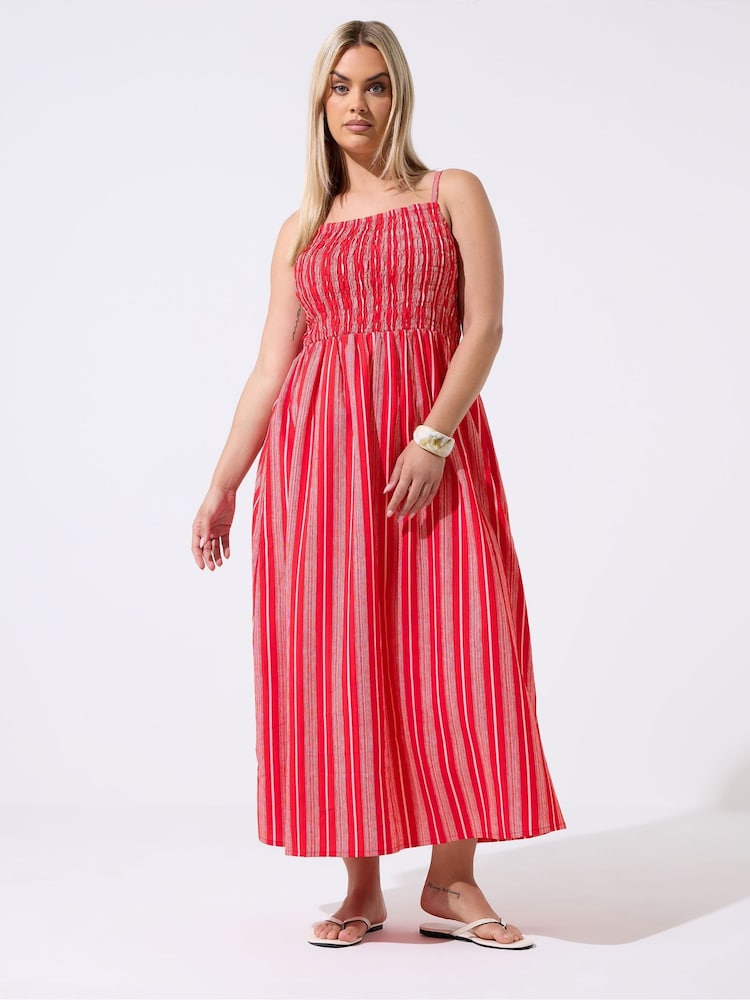 Yours Curve Red Limited Strappy Shirred Stripe Dress - Image 1 of 5 Yours Curve Red Limited Strappy Shirred Stripe Dress - Image 1 of 5