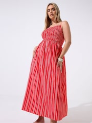 Yours Curve Red Limited Strappy Shirred Stripe Dress - Image 2 of 5