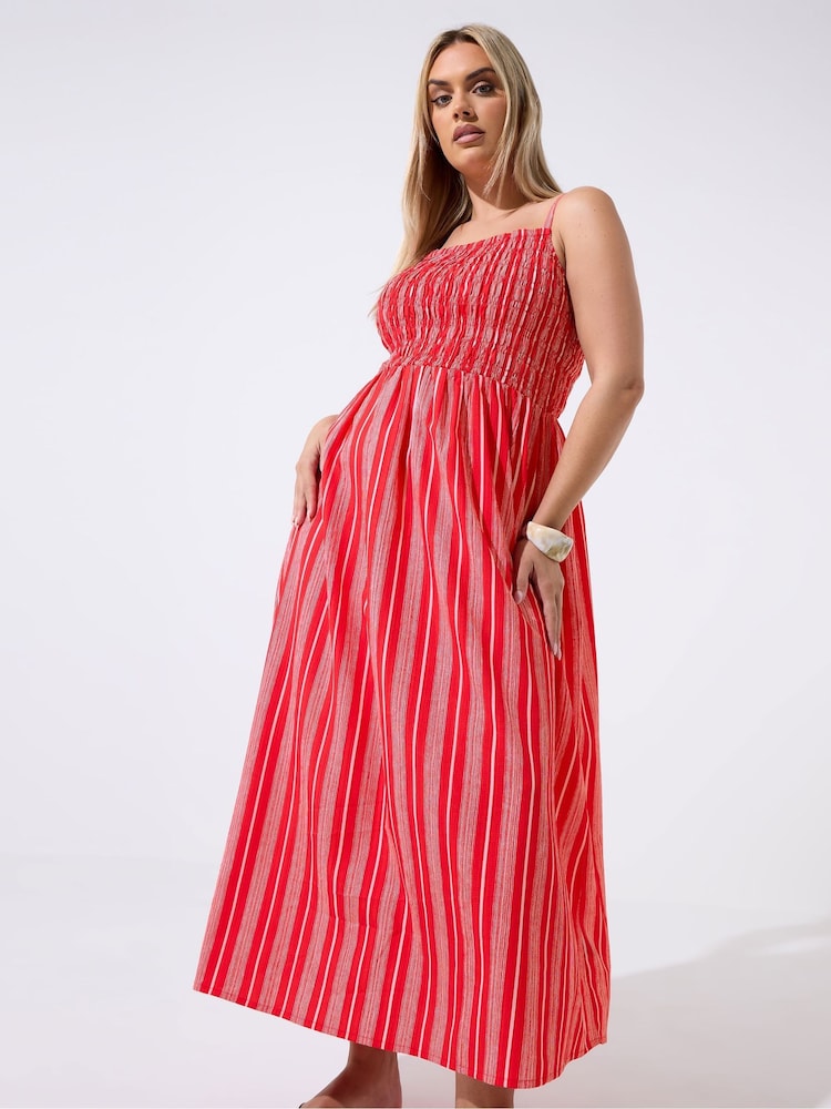 Yours Curve Red Limited Strappy Shirred Stripe Dress - Image 2 of 5 Yours Curve Red Limited Strappy Shirred Stripe Dress - Image 2 of 5