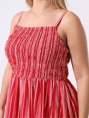Yours Curve Red Limited Strappy Shirred Stripe Dress - Image 4 of 5