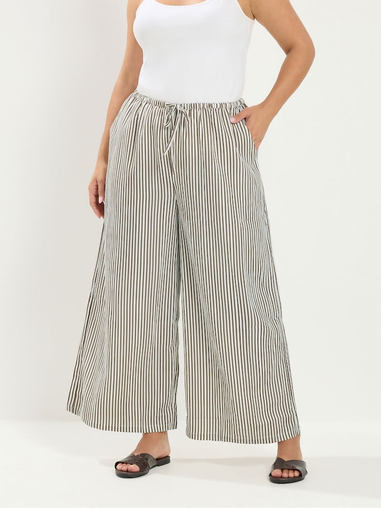 Yours Curve Brown Textured Wide Leg Stripe Trousers - Image 1 of 5