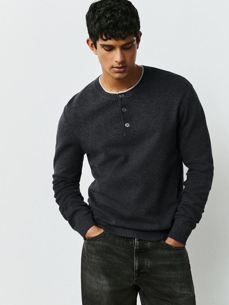 Charcoal Grey Long Sleeve Henley Knitted Jumper - Image 1 of 9
