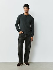 Charcoal Grey Long Sleeve Henley Knitted Jumper - Image 2 of 9