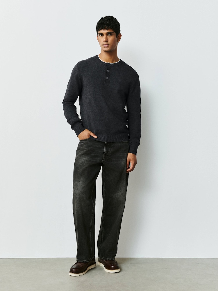 Charcoal Grey Long Sleeve Henley Knitted Jumper - Image 2 of 9