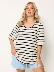 Yours Curve Cream Stripe Puff Sleeve Top - Image 1 of 5