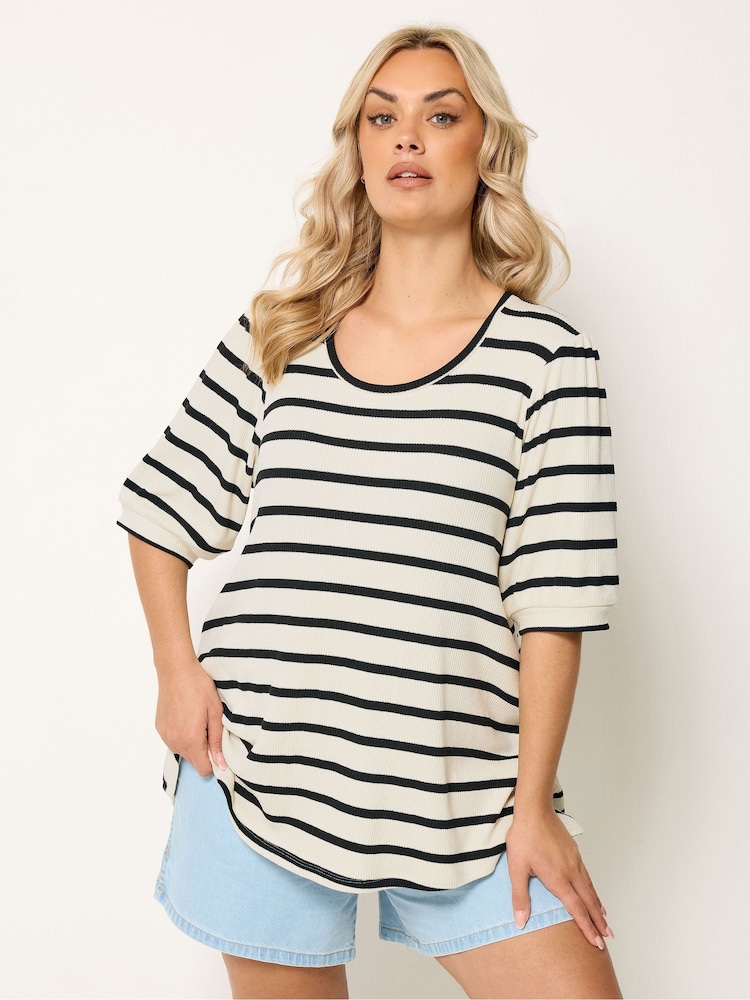 Yours Curve Cream Stripe Puff Sleeve Top - Image 1 of 5