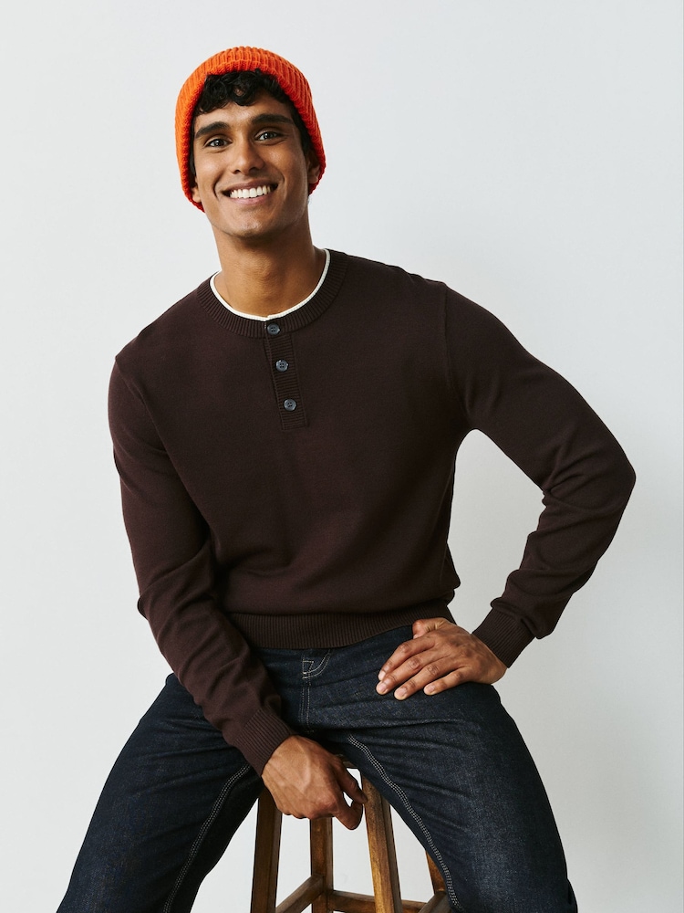 Brown Long Sleeve Henley Knitted Jumper - Image 1 of 8