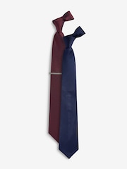 Navy Blue/Burgundy Red Textured Ties And Tie Clips 2 Pack - Image 1 of 3